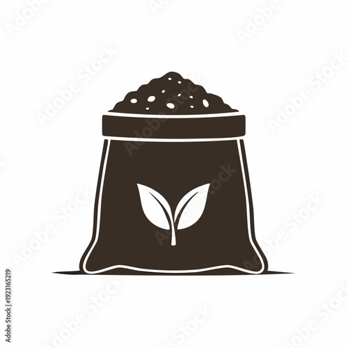 Bag of fertilizer with plant leaves symbol, representing organic growth and natural gardening supplies