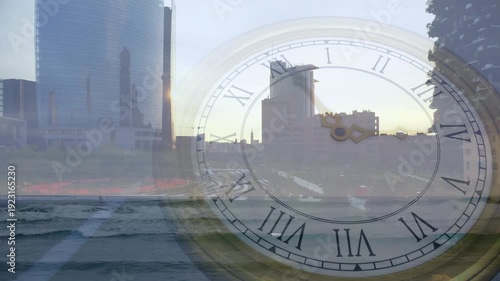 Clock overlay advancing hands and shifting fade as sun peeking spurring runner jogging showing time