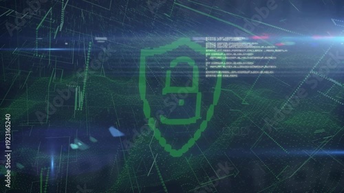 Data pulse starting green pixel shield forming padlock while code blocks sliding, showing security