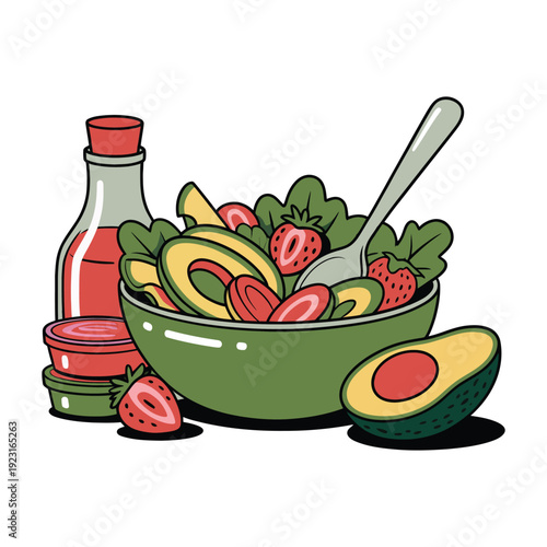 Fresh strawberry avocado salad preparation with dressing on.