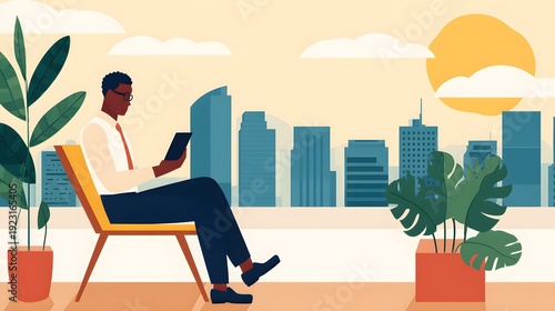 Reading in the City: A man is engrossed in his book. relaxing in a chair with the city skyline and bright sky