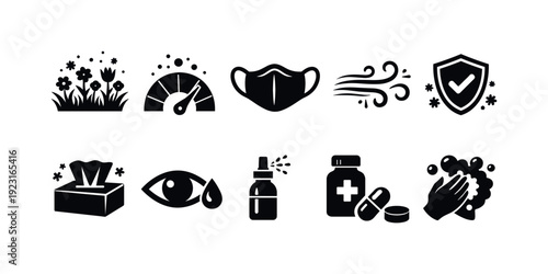 Allergy protection silhouette icon set. Pollen, health safety silhouette icons collection