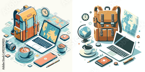 Digital nomad lifestyle : backpack, coffee, laptop, map icons