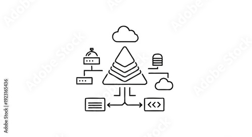 Abstract layered pyramid connected to cloud and data icons.