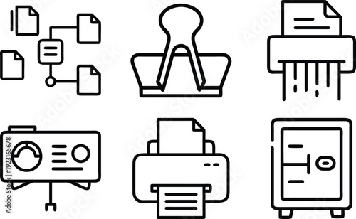 Office documents, binders, shredder, printer, and safe. set of office related icons