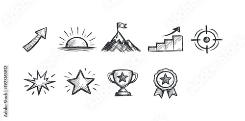 Sketch style achievement icon set. Awards, goals, success symbols in outline design