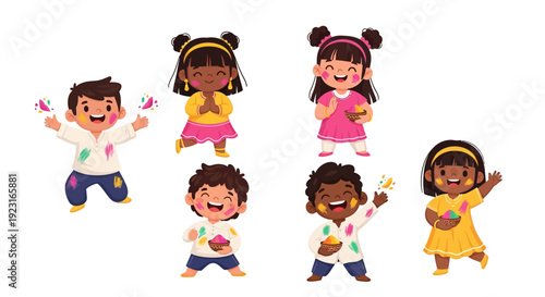 Colorful vector illustration of happy children celebrating Holi festival with joyful expressions and vibrant colors on a fun background.