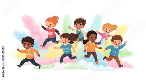 Colorful vector illustration of happy children celebrating Holi festival with joyful expressions and vibrant rainbow colors in the background.