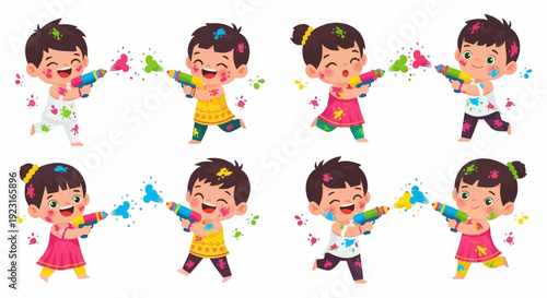 Colorful vector illustration of happy children celebrating Holi with joyful expressions and festive background.