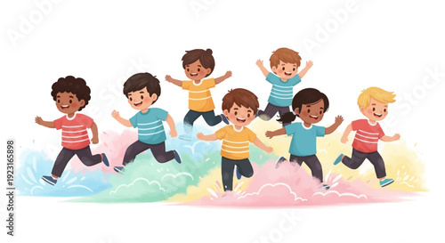 Colorful vector illustration of happy children celebrating Holi festival with joyful jumping characters on a vibrant background.