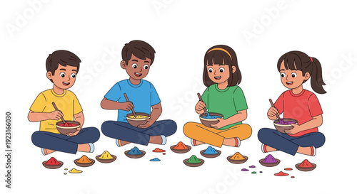 Colorful vector illustration of four children sitting cross-legged, celebrating Holi with vibrant paints and joyful expressions against a clean white background.