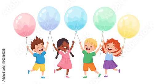 Colorful illustration of happy children holding balloons in a fun and joyful scene with a rainbow background, celebrating a festive Holi party day with iconic characters.