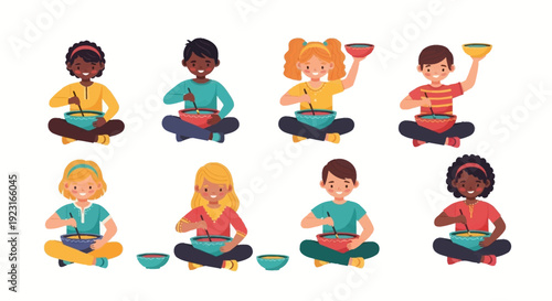 Colorful vector illustration of diverse children sitting in a yoga pose celebrating Holi festival with joy and fun against a clean white background