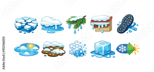Climate change icon set featuring flat melting ice cubes and seasonal transitions