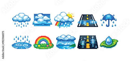 Weather and environment icon set. Pixel art style for climate and nature themes