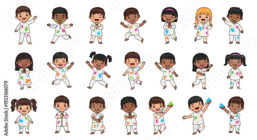 Colorful vector illustration of diverse children celebrating Holi festival with joy and fun against a clean white background.