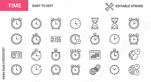 Time icon set easy to edit editable stroke clock alarm hourglass stop watch calendar worldwide time zone