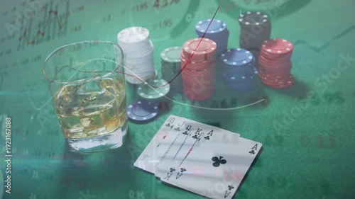 Camera shifting, card fan spreading, revealing royal flush, cash rolling in, charts tracing payoff