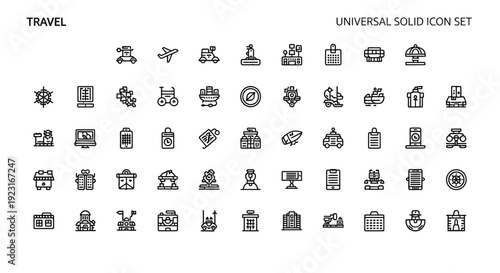 Travel universal solid icon set featuring transportation and travel related objects like airplane suitcase car and hotel symbols for tourism and journey concepts