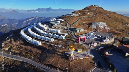 Aerial View of Niubeishan Mountain encampment at Sunrise