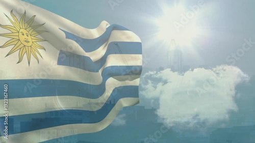 Wind gusts initiating motion, Uruguay flag rippling, flipping, curling and catching sun highlights