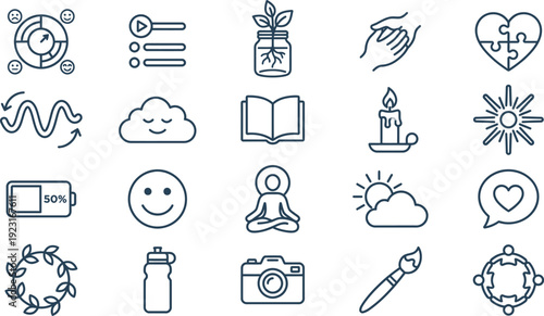 Collection of detailed outline icons representing wellness activities, self-care, and healthy habits.