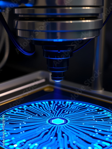 Advanced lithography equipment projects an intricate, glowing blue circuit pattern onto a silicon semiconductor wafer. This cutting-edge photolithography technology operates in a c