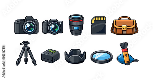 Photography equipment icon set in 3d style. Camera, lens, tripod, accessories collection