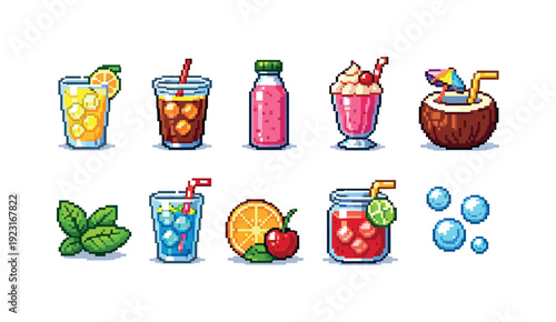 Pixel art drinks icon set. Refreshing beverage icons in vibrant pixel style