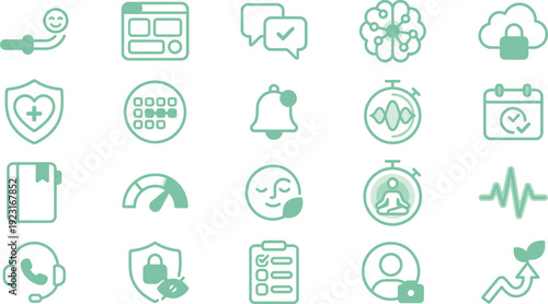 Collection of modern application interface icons representing digital well-being and security features