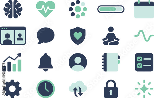 Collection of minimal two-tone icons representing digital health, communication, and productivity features.
