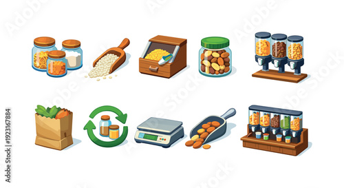 Bulk food 3d icon set. Organic, sustainable packaging and recycling icons collection