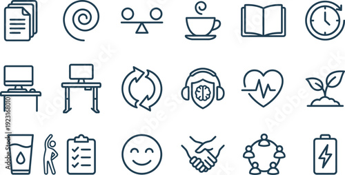 Collection of line icons representing corporate well-being, balance, and productivity concepts clearly.
