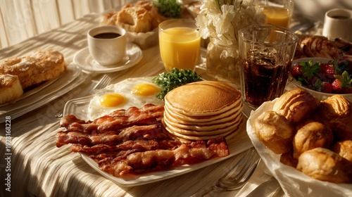 brunch table spread, pancakes eggs bacon pastries coffee, social dining scene, natural daylight photography