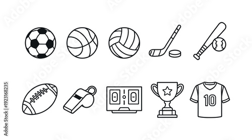 Sports equipment outline icon set. Ball, jersey, trophy, whistle, and more outlines.
