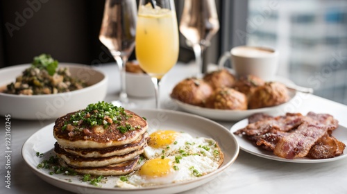 brunch table spread, pancakes eggs bacon pastries coffee, social dining scene, natural daylight photography