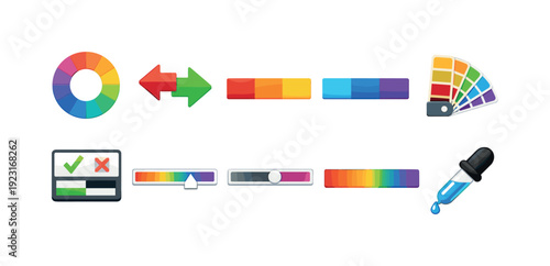 Color theory flat icon set. Palette, wheel, swatch, picker, gradient icons collection.