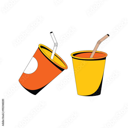 Two colorful disposable cups with straws on white background