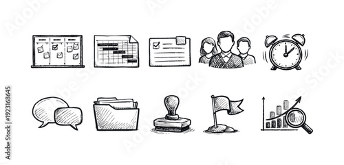 Business and office solid icon set. Productivity, organization, workflow icons collection