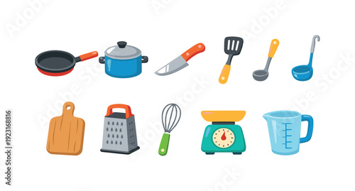 Kitchen, cooking flat icon set. Essential cooking tools and utensils flat collection
