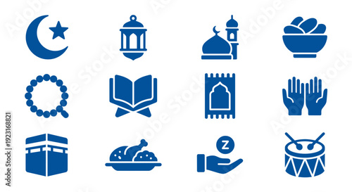 Collection of 12 blue Ramadan icons arranged in four rows with cultural symbols in flat design style