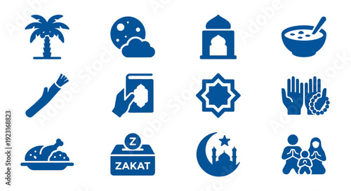 Prayer, Zakat, Mosque, Charity, and Symbolic Design in Four Rows of Three Monochromatic Illustrations