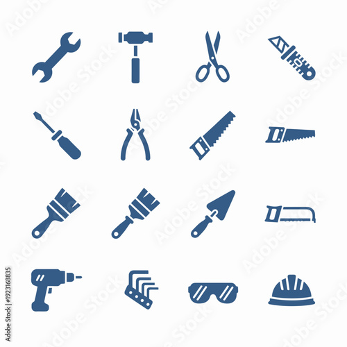 Wrench, Hammer, Drill, Safety Gear in Flat Style for Digital Applications