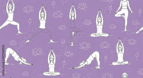 Seamless Yoga Poses Pattern with Lotus Flowers Minimal Line Art for Women's Day