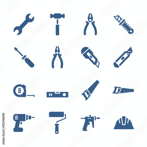 Modern Dark Blue Toolbox Icon Set - 16 Construction Tools in Grid Layout for Web Design