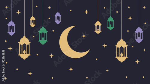Serene Festive Night Sky with Warm Crescent Moon, Hanging Colorful Lanterns, and Sparkling Stars for Peaceful Celebration
