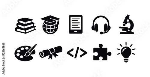 Education and learning solid icon set. School, study, science icons collection