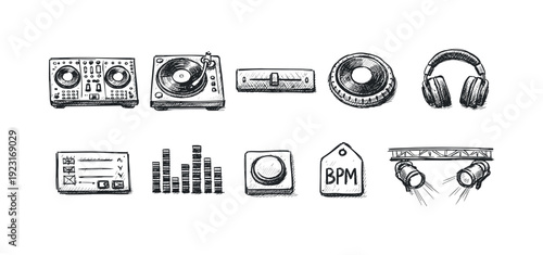 Music equipment sketch icon set. Dj, headphones, equalizer outline icons collection