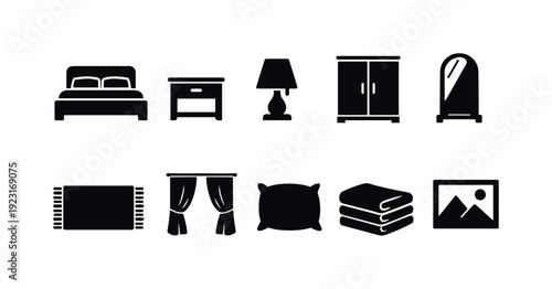 Home and bedroom furniture silhouette icon set for interior design projects