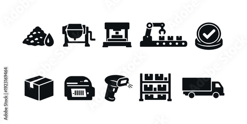 Manufacturing and delivery solid icon set. Industrial and logistics icons collection